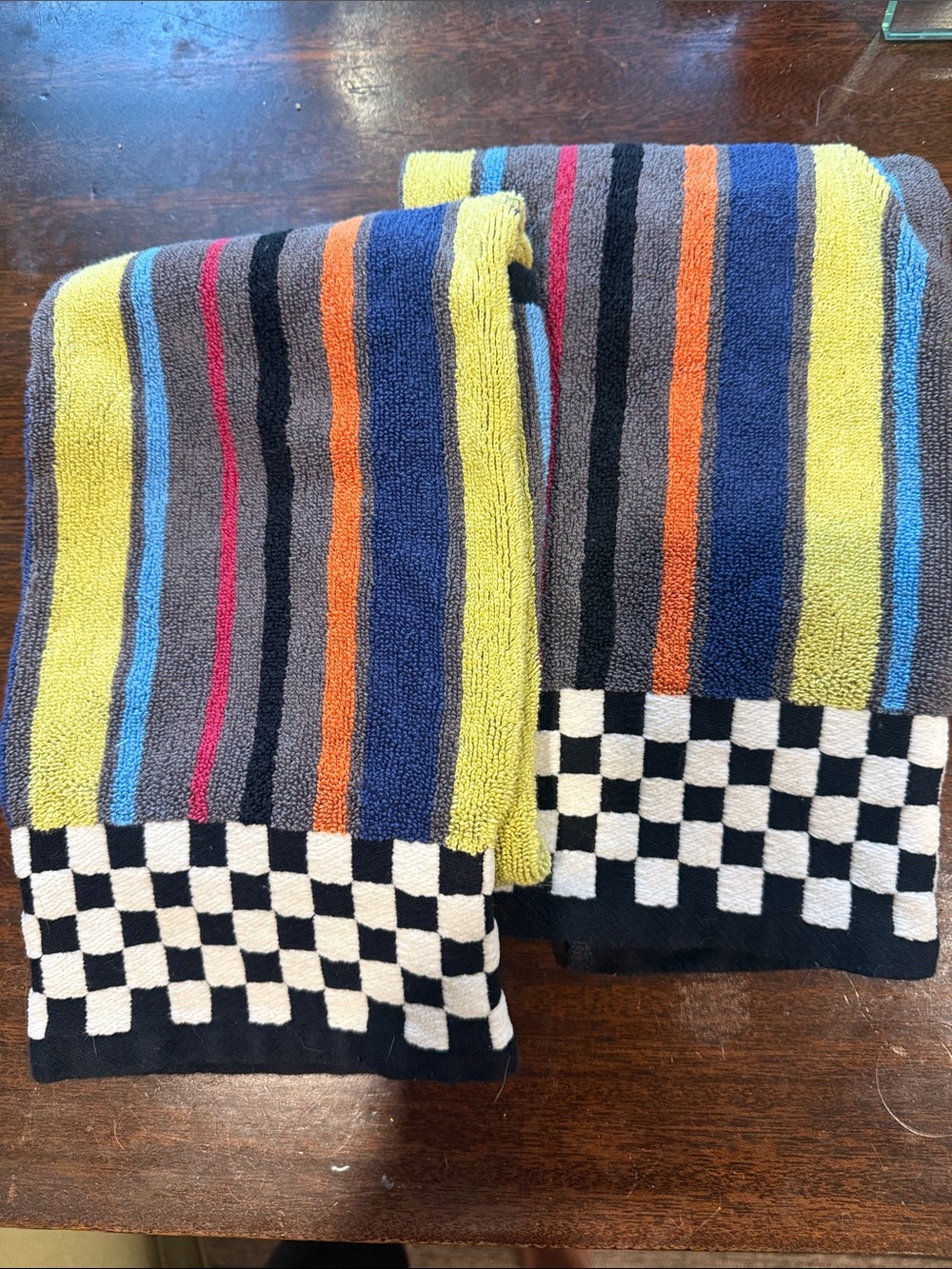 MacKenzie-Childs Multicolor Striped Towels with Black-and-White Checker Border